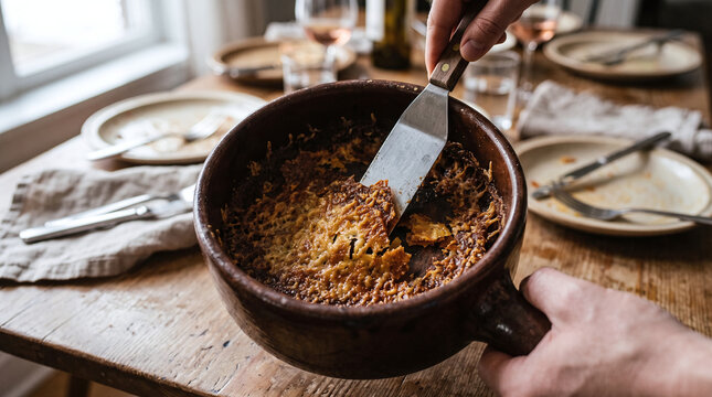 Lifting the crispy cheese crust religieuse from the bottom of a fondue pot