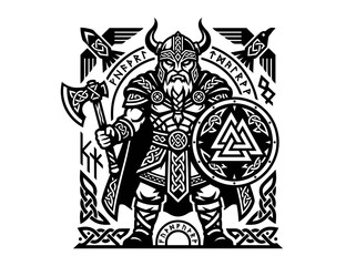 Naklejka premium Norse Mythology Viking Warrior with Axe, Shield Runes - Black White Graphic Line Art Vector