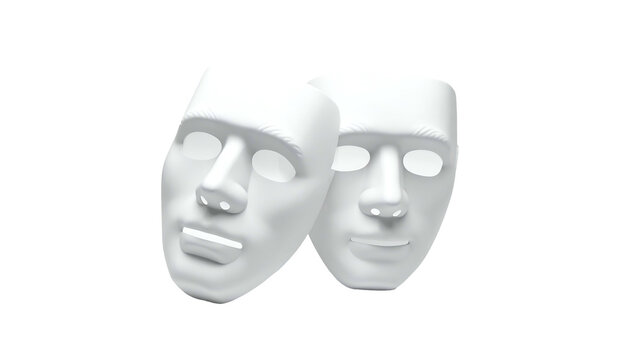Two white, blank, theatrical masks overlapping, floating on black