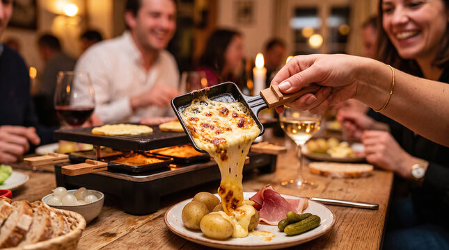 Hot melted raclette cheese poured from a pan onto potatoes at a dinner party.