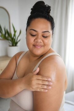 Plus Size Pacific Islander Woman Applying Body Lotion on Shoulder with Joyful Expression
