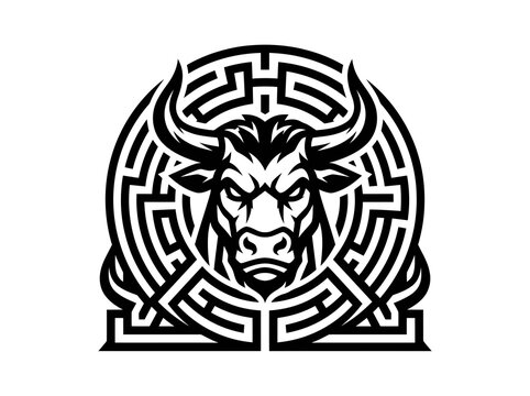Black and White Stylized Bull Head Labyrinth Maze Logo Vector for Financial Markets and Gaming Industry