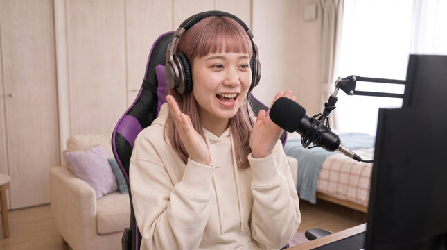 リスナーのコメントを見ながらライブ配信を行う若い女性