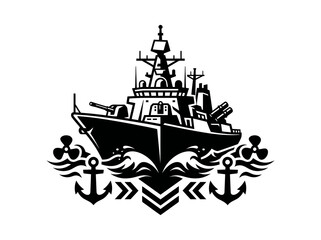 Fototapeta premium Monochrome Military Naval Warship Emblem with Anchors and Propellers Vector Illustration