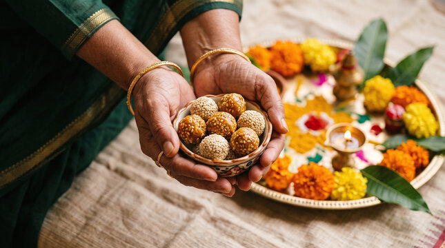 Woman holding a bowl of traditional tilgul sesame sweets for Makar Sankranti