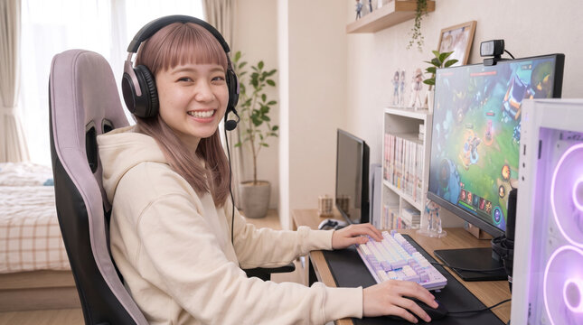 オンラインゲームをしながら笑顔の若い女性
