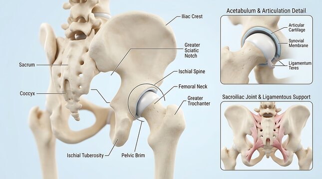 Human pelvis anatomy and hip joint structure detailed medical diagram