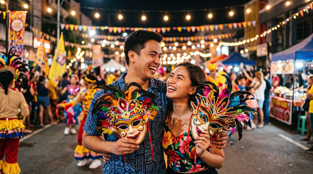 Happy couple holding colorful masks at Masskara Festival in Bacolod city.
