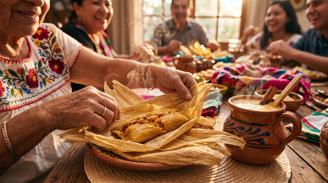 Senior woman serving hot tamales and atole on Dia de la Candelaria holiday.
