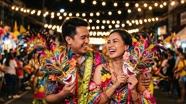 Happy Filipino couple holding colorful masks during Bacolod Masskara Festival