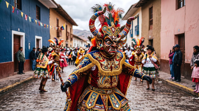 Diablada dancer in colorful mask at Fiesta de la Candelaria in Puno, Peru.