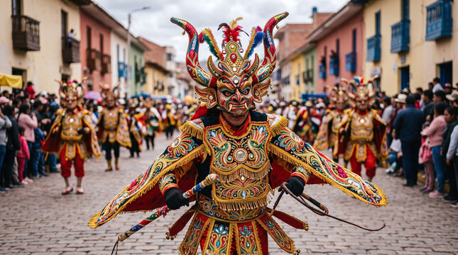 Diablada dancer in colorful devil mask at Fiesta de la Candelaria in Puno.
