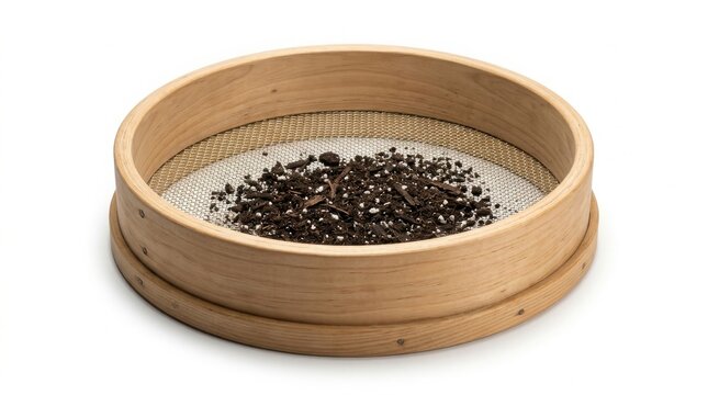 Round wooden sieve with soil particles gardening agriculture screening horticulture landscaping equipment particles nutrients backyard industry substrate granular planting outdoors