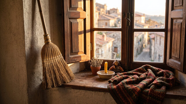 Cozy Italian window with Befana broom and candle overlooking a rustic village