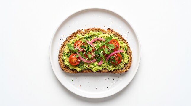 Avocado toast with fresh tomatoes on a ceramic plate