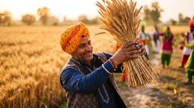 Happy Punjabi farmer holding a wheat sheaf during Baisakhi harvest festival