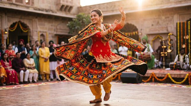Beautiful Punjabi woman performing traditional Bhangra dance in Phulkari dress