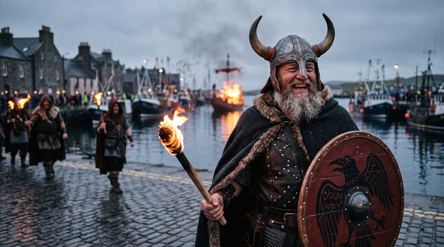Smiling Viking holding torch at Up Helly Aa fire festival in Shetland harbor