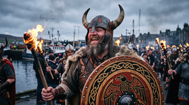 Viking warrior with horned helmet and torch at the Up Helly Aa fire festival