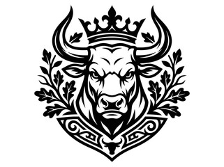 Fototapeta premium Black White Bull Head with Crown, Emblem, Vector Art