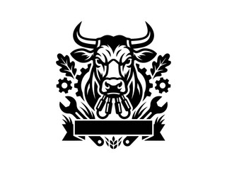 Fototapeta premium Black and White Bull Head Emblem with Gears and Wrench, Industry Logo
