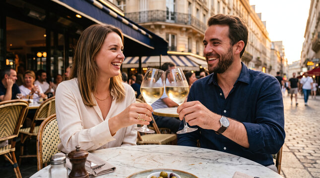 Happy young couple toasting with white wine at an outdoor Parisian cafe terrace