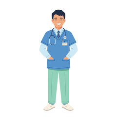 Fototapeta premium Male Doctor in Scrubs with Stethoscope, Smiling
