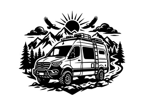 Black and White Line Art of a Camper Van Adventure in the Mountains with Eagles