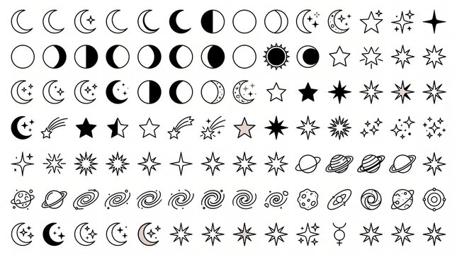 Create a premium celestial, moon, star, and cosmic symbol icon collection featuring a large assortment of modern minimalist astronomy vector icons in a clean black-and-white outline style. Recreate th
