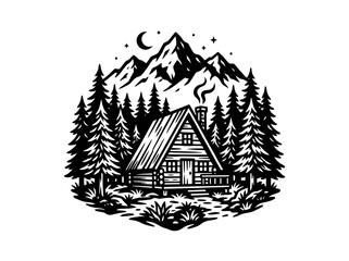 Obraz premium Rustic Cabin in Mountain Forest at Night - Black White Vector Graphic Illustration