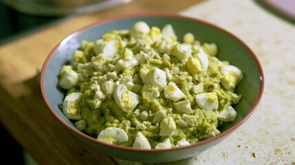 Obraz premium Healthy avocado and chopped egg salad in a bowl