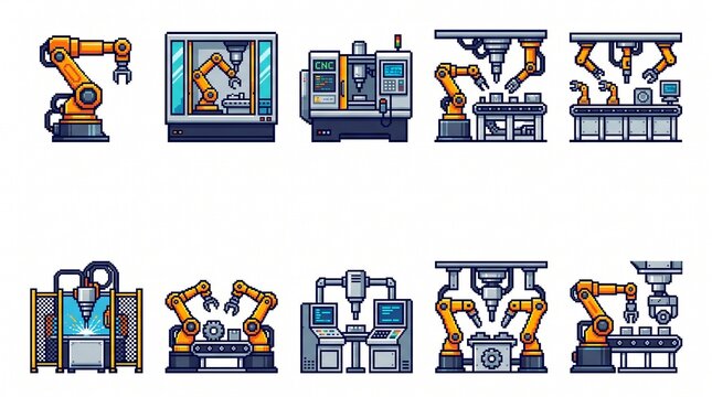 Create a premium industrial robotics, automation, and smart manufacturing icon collection featuring 10 colorful pixel-art illustrations in a polished retro 8-bit/16-bit video game style. Design each s