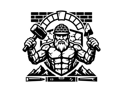 Muscular construction worker with hammer and trowel, black and white vector art
