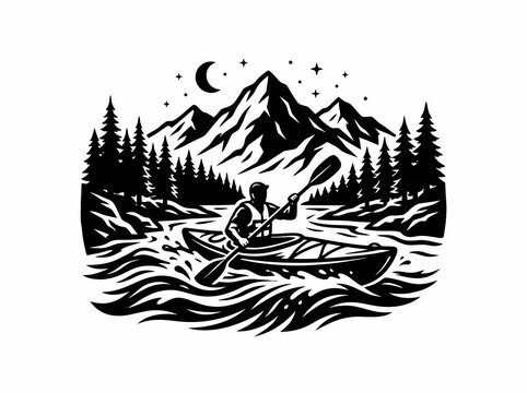 Monochromatic Kayaking Outdoor Adventure Vector Illustration with Kayaker, Mountains, River  Night Sky
