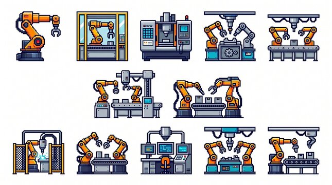 Create a premium industrial robotics, automation, and smart manufacturing icon collection featuring 10 colorful pixel-art illustrations in a polished retro 8-bit/16-bit video game style. Design each s
