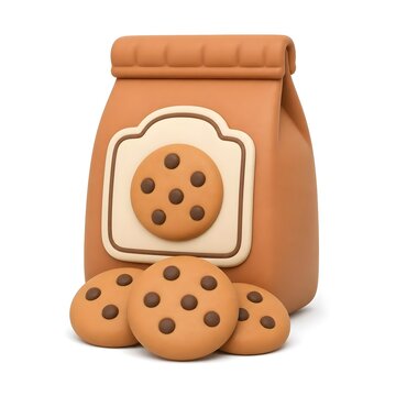 cookie bag with a label showing a cookie, with several cookies placed in front 3d rendering isolated on white background cartoon plastic style icon