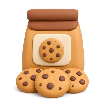 cookie bag with a label showing a cookie, with several cookies placed in front 3d rendering isolated on white background cartoon plastic style icon