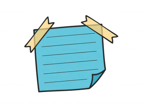 Cute light blue sticky note with hand drawn tape isolated on transparent background for digital planning