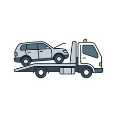Fototapeta premium Flatbed Tow Truck Transporting a Broken SUV for Roadside Assistance