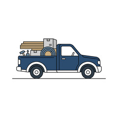 Fototapeta premium Flat Vector Illustration of a Blue Pickup Truck Loaded with Delivery Cargo and Tools