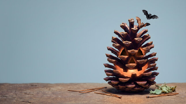 Glowing pinecone jack o lantern with a small bat for Halloween holiday decoration
