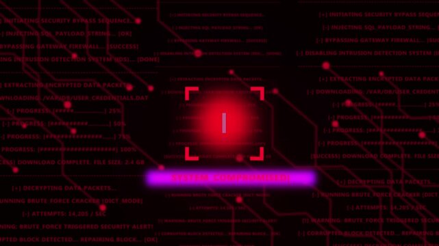 Cyber security breach alert with system compromised warning message and digital data network circuit board background, for advanced information, technology and global, network infrastructure