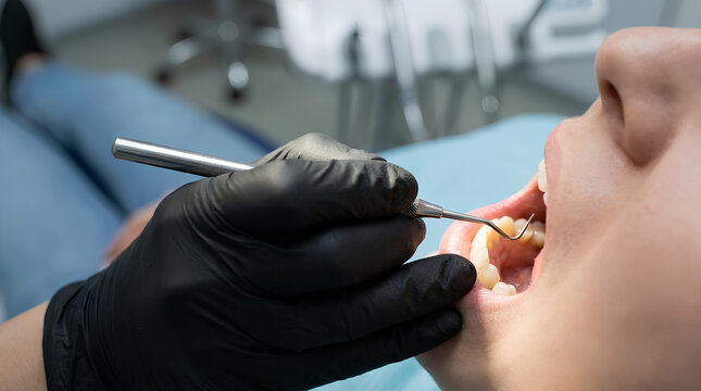 Dentist examining patients teeth with dental tool close up of mouth
