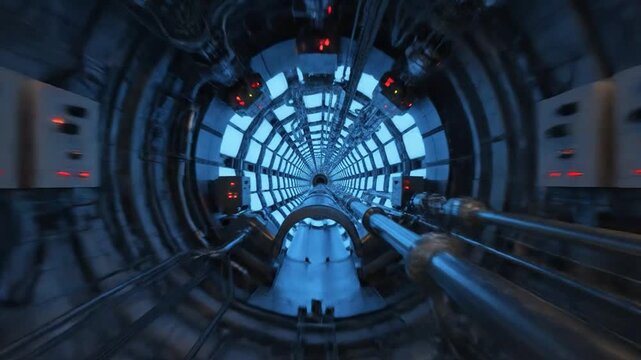 Journey Through a Futuristic Circular Tunnel with Glowing Blue Lights and Industrial Elements