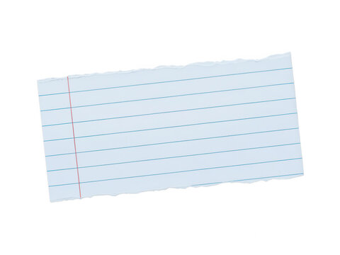 Single piece of torn lined notebook paper with red margin line isolated on transparent background for scrapbooking