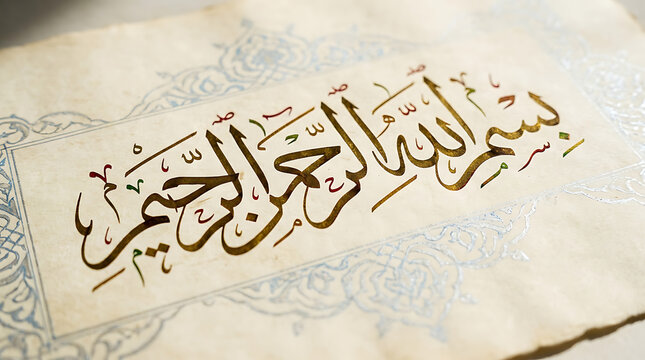 Islamic calligraphy of bismillah al rahman al rahim on aged parchment