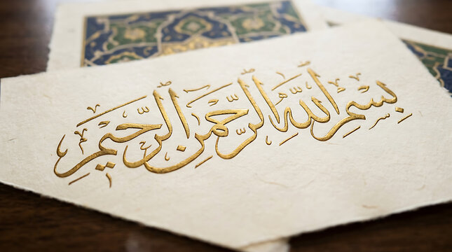Islamic calligraphy with gold lettering on textured paper traditional art
