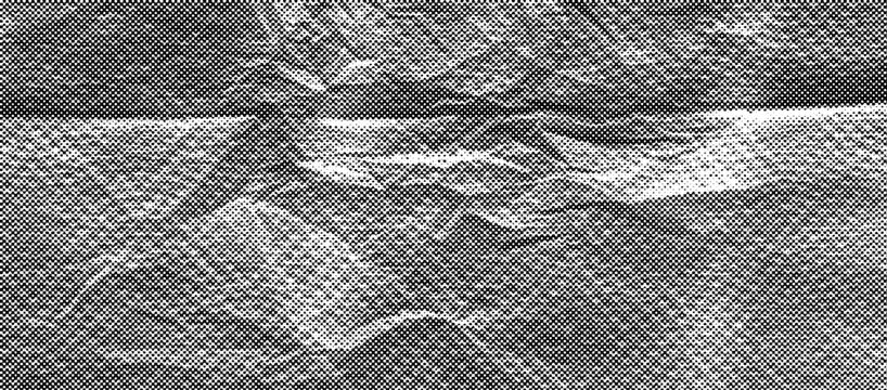 Halftone dot pattern on crumpled paper surface with black and white contrast.