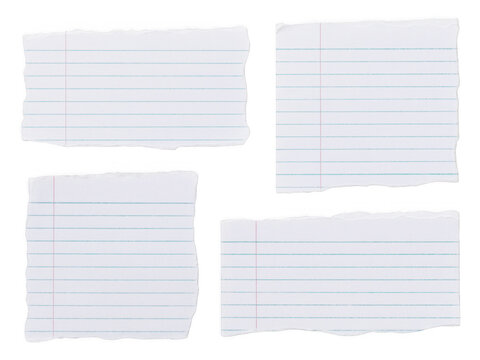 Collection of four torn pieces of lined notebook paper isolated on transparent background for creative collages