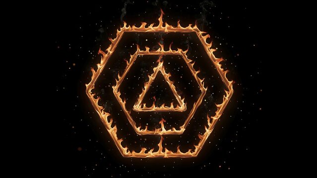 Burning glowing orange fire shapes of a hexagon and a triangle isolated on black background